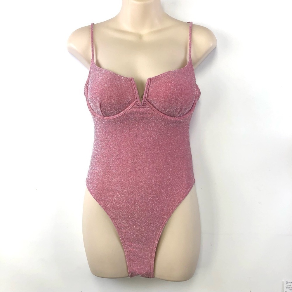 South Beach pink silver sparkle hi-cut one piece sexy Bathing Swim suit Size 8